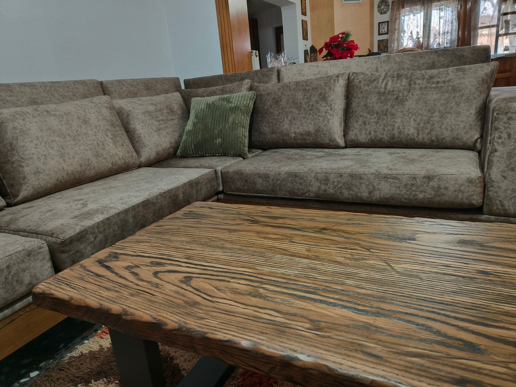 Handcrafted Solid Wood Coffee Table with Textured Grain & Industrial Metal Base - 2
