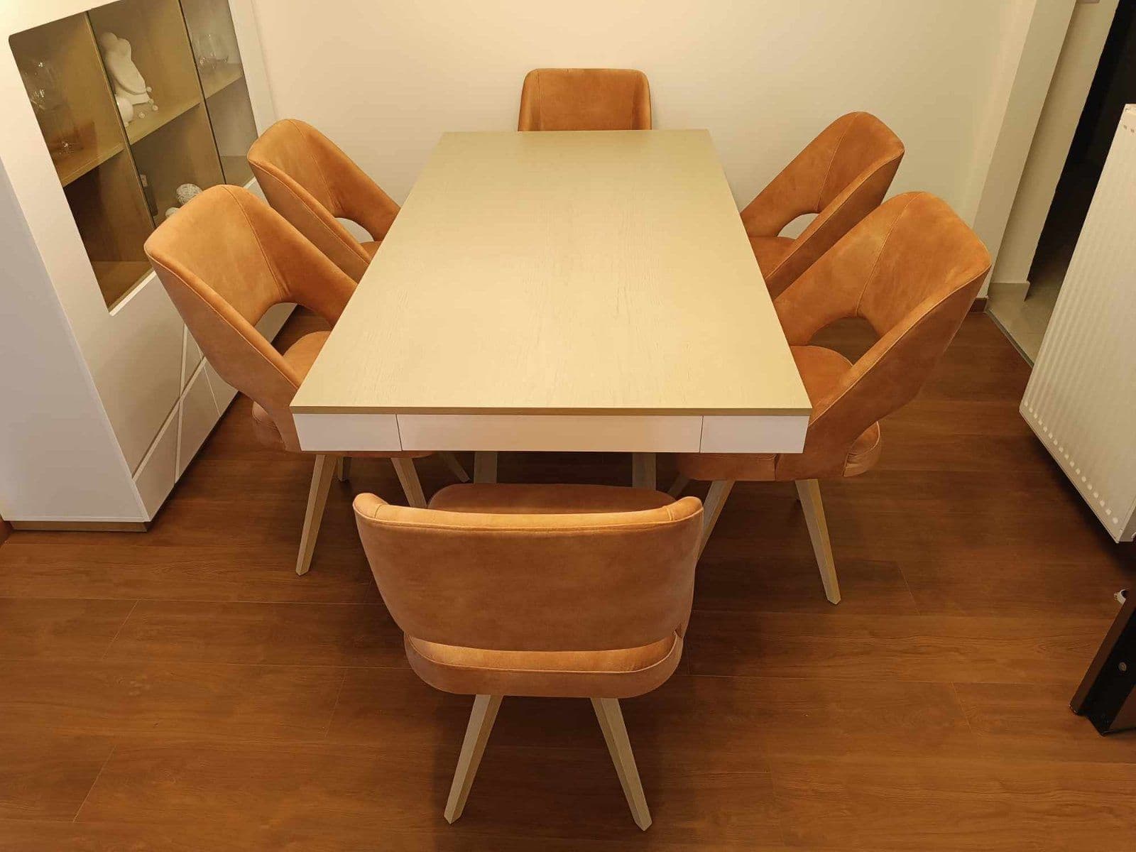 Modern 6-Seater Dining Set / Dual-Tone Dining Table with Upholstered Velvet/Nubuck Chairs - 2