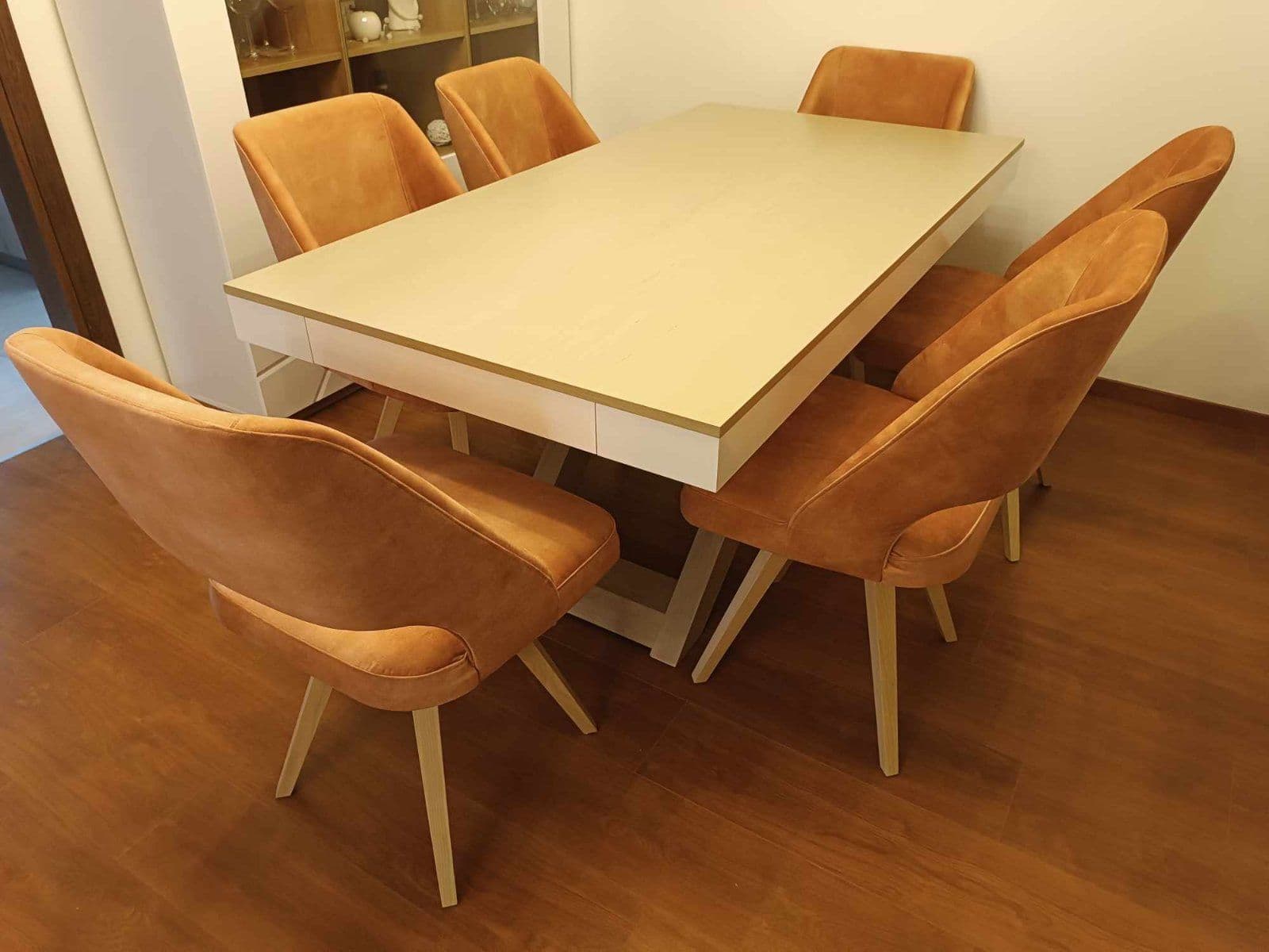 Modern 6-Seater Dining Set / Dual-Tone Dining Table with Upholstered Velvet/Nubuck Chairs - 4